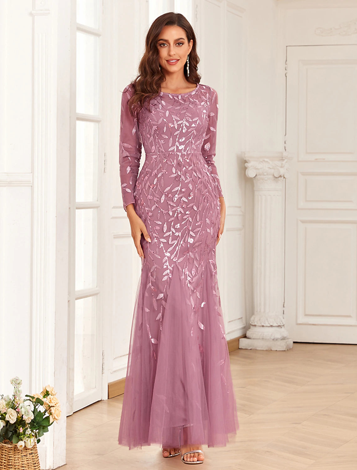 Mermaid / Trumpet Evening Gown Elegant Dress Prom Floor Length Long Sleeve Jewel Neck Tulle with Embroidery