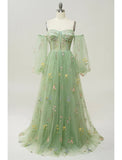 A-Line Evening Gown Floral Dress Formal Floor Length Long Sleeve Sweetheart Lace Backless with Pleats Appliques