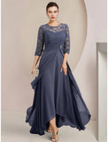 A-Line Mother of the Bride Dress Wedding Guest Elegant Jewel Neck Asymmetrical Chiffon Half Sleeve with Lace Crystal Brooch Ruching