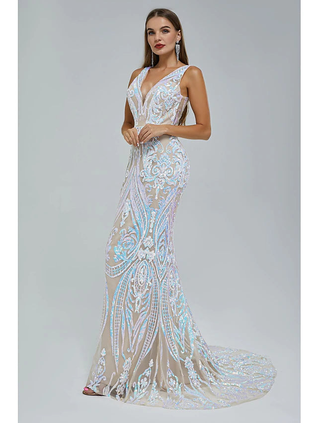 Mermaid / Trumpet Evening Gown Elegant Dress Engagement Court Train Sleeveless V Neck Sequined with Sequin