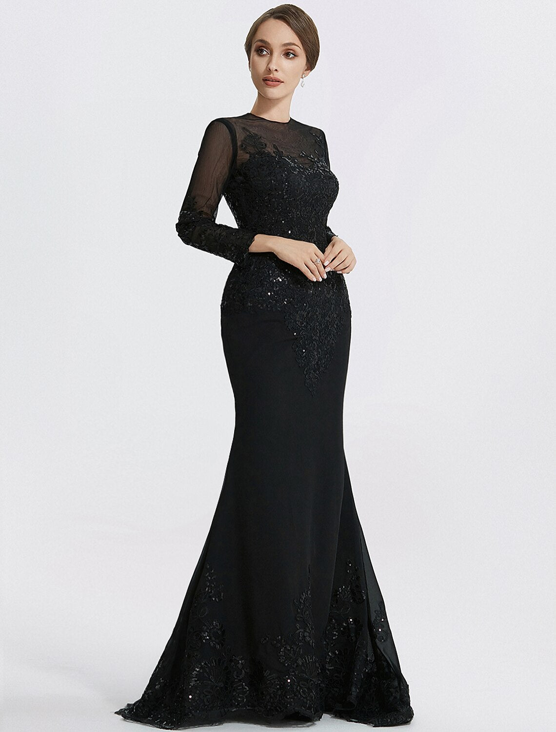 Mermaid / Trumpet Sheath / Column Evening Gown Elegant Dress Formal Floor Length Long Sleeve Jewel Neck Lace with Appliques