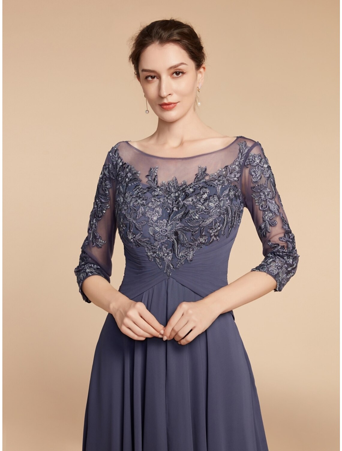 Sheath / Column Mother of the Bride Dress Wedding Guest Elegant Vintage Scoop Neck Ankle Length Chiffon Lace Half Sleeve with Ruffles Ruching