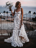 Beach Sexy Boho Wedding Dresses Court Train Mermaid / Trumpet Sleeveless V Neck Lace With Appliques