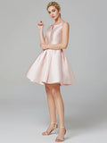 A-Line Cute Dress Homecoming Knee Length Sleeveless V Wire Satin with Bow(s) Pleats