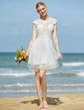 Wedding Dresses A-Line V Neck Sleeveless Knee Length Tulle Bridal Gowns With Sash / Ribbon Beading