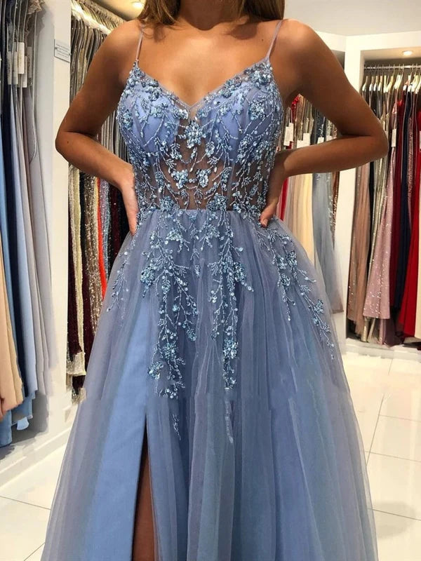 V Neck Open Back Beaded Long Prom Dresses
