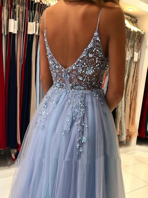 V Neck Open Back Beaded Long Prom Dresses