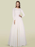 A-Line Mother of the Bride Dress Elegant Jewel Neck Floor Length Italy Satin Long Sleeve with Pleats