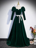 A-Line Evening Gown Maxi Dress Formal Floor Length Long Sleeve Square Neck Velvet with Pleats Crystals Strappy