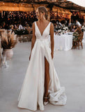 Beach Casual Wedding Dresses A-Line V Neck Sleeveless Court Train Satin Bridal Gowns With Sashes / Ribbons Sash / Ribbon