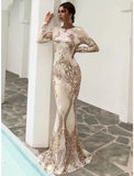Mermaid / Trumpet Evening Gown Elegant Dress Formal Sweep / Brush Train Long Sleeve Scoop Neck Sequined with Glitter Pleats