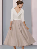 A-Line Mother of the Bride Dress Wedding Guest Elegant Scoop Neck Tea Length Satin Half Sleeve with Pleats Crystal Brooch Color Block