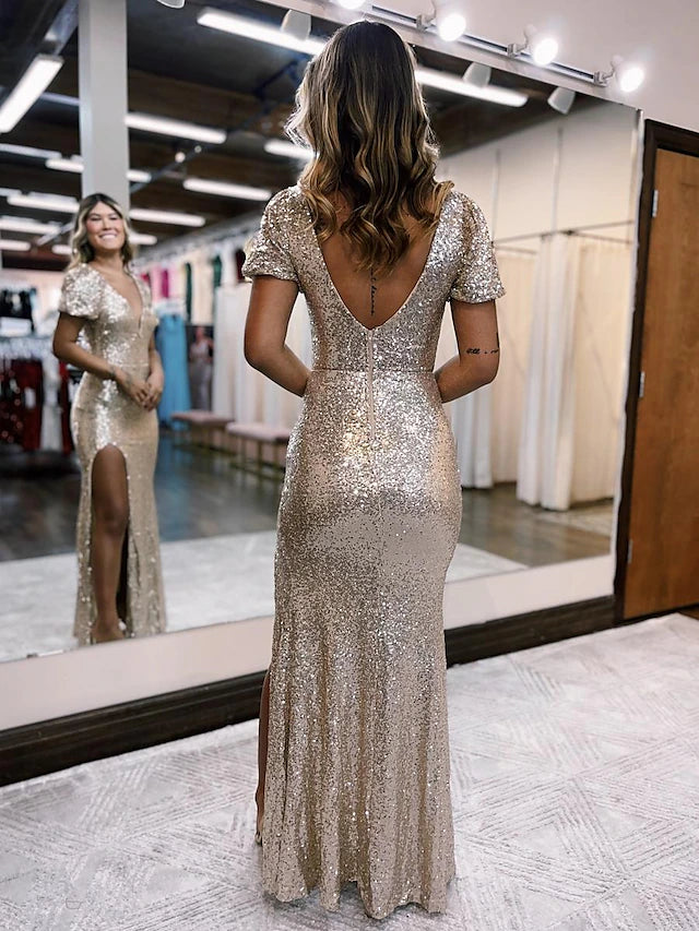 Mermaid / Trumpet Evening Gown Sexy Dress Formal Floor Length Short Sleeve V Neck Sequined Backless with Sequin