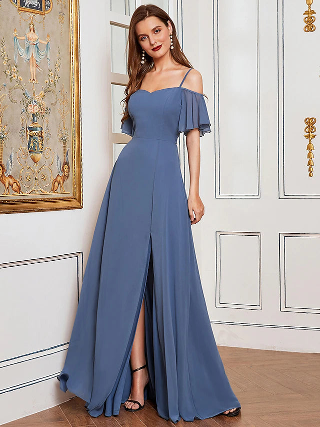 A-Line Bridesmaid Dress Off Shoulder Sleeveless Elegant Floor Length C ...