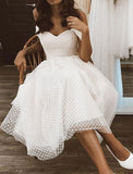 Reception Little White Dresses Wedding Dresses A-Line Off Shoulder Cap Sleeve Knee Length Tulle Bridal Gowns With Solid Color