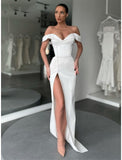 A-Line Evening Gown Elegant Dress Formal Court Train Long Sleeve Off Shoulder Satin with Buttons Pleats Slit