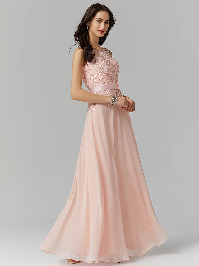 A-Line Bridesmaid Dress Jewel Neck Sleeveless Elegant Floor Length Chiffon / Lace with Appliques