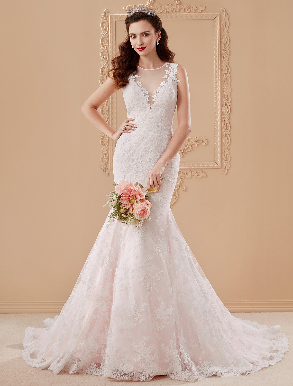 Mermaid / Trumpet Plunging Neckline Court Train Lace Tulle Wedding Dress with Appliques