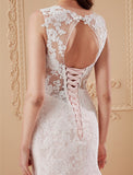 Mermaid / Trumpet Plunging Neckline Court Train Lace Tulle Wedding Dress with Appliques