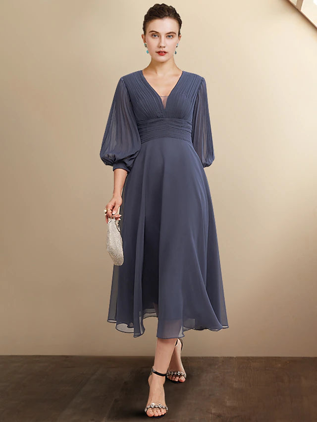 A-Line Mother of the Bride Dress Plus Size Elegant V Neck Tea Length C ...
