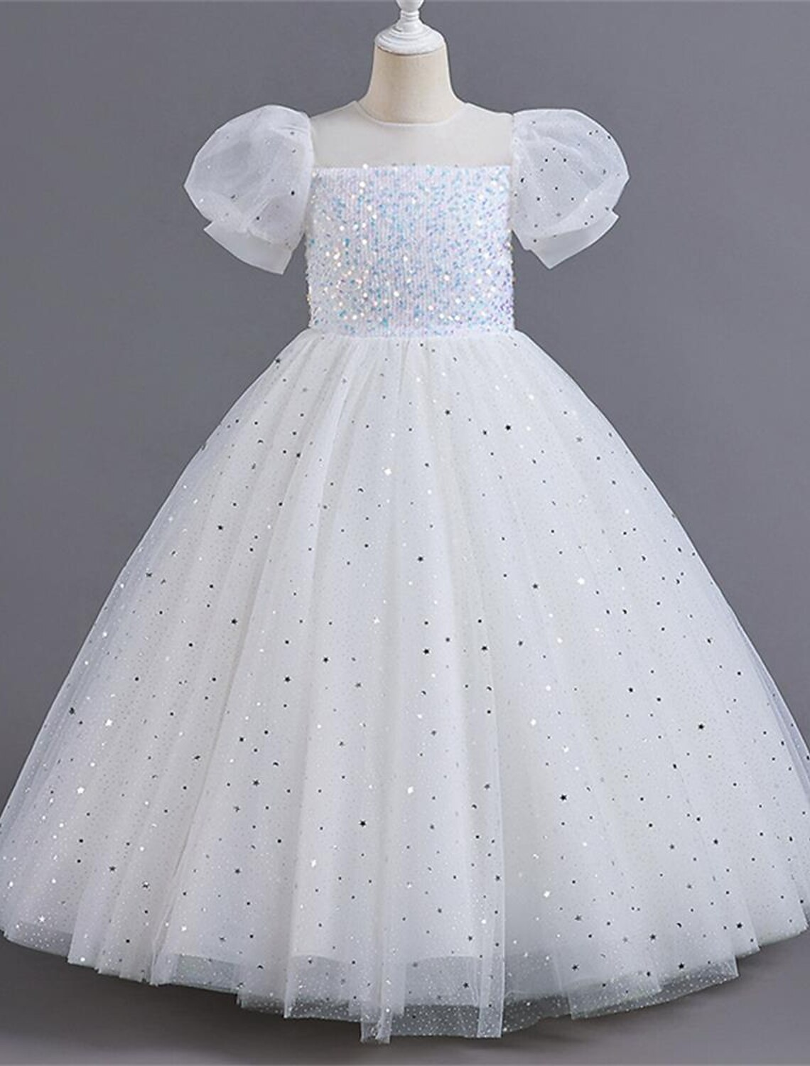 Kids Girls' Party Dress Solid Color Flower Short Sleeve Performance Wedding Sequins Elegant Princess Polyester Maxi Tulle Dress Summer Spring 4-13 Years Multicolor White Pink