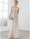 Mermaid / Trumpet Evening Gown Elegant Dress Formal Evening Floor Length Sleeveless V Neck Sequined V Back with Sequin Pure Color