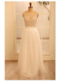 A Line Deep V Neck Back Round Neckline Lace Wedding Dresses Prom Dress