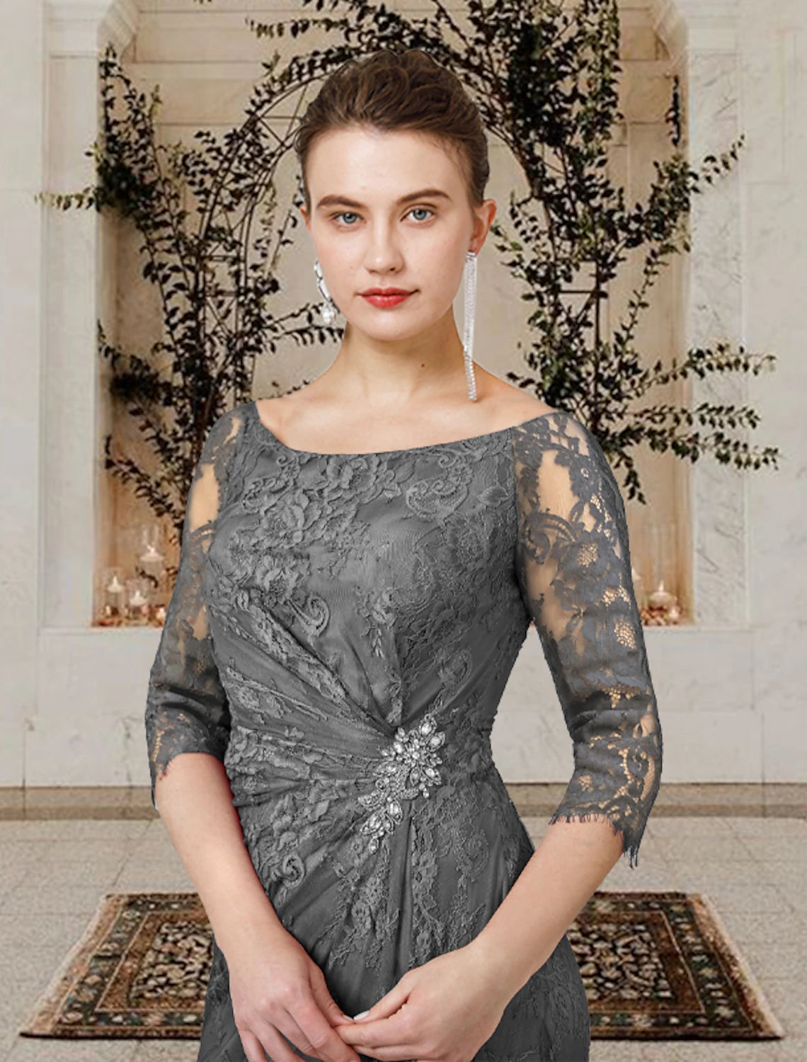 A-Line Mother of the Bride Dress Wedding Guest Plus Size Elegant Jewel Neck Floor Length Lace Short Sleeve with Ruffles Crystal Brooch Side-Draped Fall