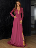 A-Line Evening Gown Elegant Dress Wedding Guest Engagement Sweep / Brush Train Long Sleeve V Neck Polyester with Slit Pure Color