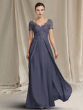 Sheath / Column Mother of the Bride Dress Plus Size Elegant V Neck Floor Length Chiffon Lace Short Sleeve with Appliques