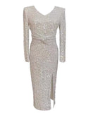 Sheath / Column Homecoming Dresses Sparkle & Shine Dress Party Wear Tea Length Long Sleeve V Neck Sequined with Sequin Slit