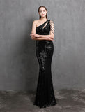 Mermaid / Trumpet Evening Gown Sparkle & Shine Dress Formal Floor Length Short Sleeve One Shoulder Sequined with Sequin