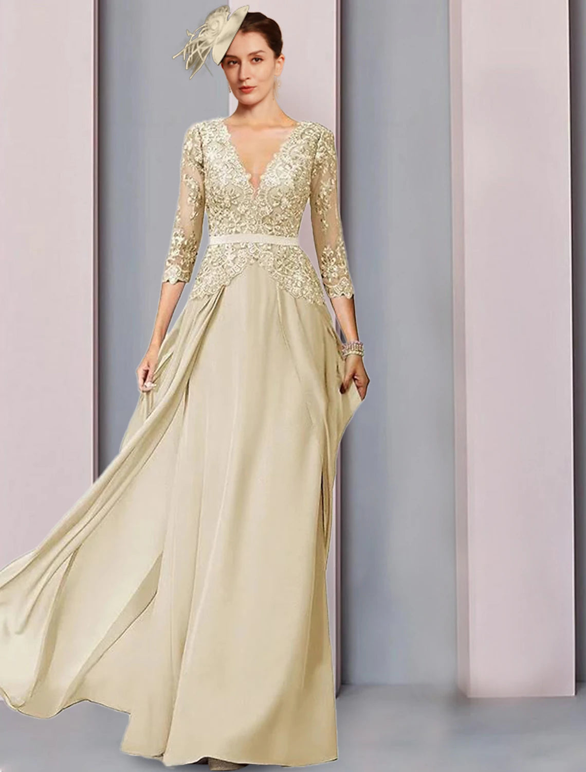 A-Line Mother of the Bride Dress Wedding Guest Elegant V Neck Floor Length Chiffon Half Sleeve with Lace main image 1