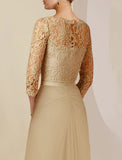 Sheath / Column Mother of the Bride Dress Formal Wedding Guest Elegant Scoop Neck Floor Length Chiffon Lace Long Sleeve with Beading Appliques