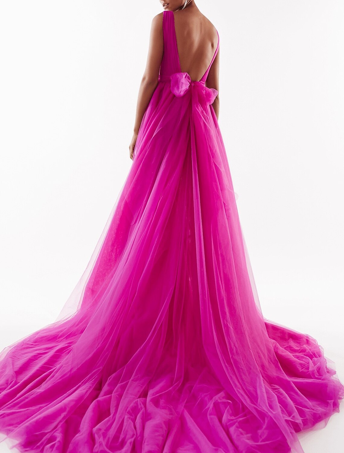 A-Line Evening Gown Beautiful Back Dress Engagement Court Train Sleeveless V Neck Tulle with Bow(s) Pleats