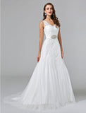Wedding Dresses A-Line V Neck Sleeveless Court Train Lace Bridal Gowns With Sash / Ribbon Beading