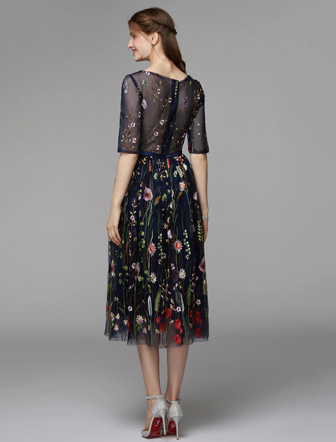 A-Line Party Dress Holiday Tea Length Half Sleeve Illusion Neck Organza with Embroidery Appliques