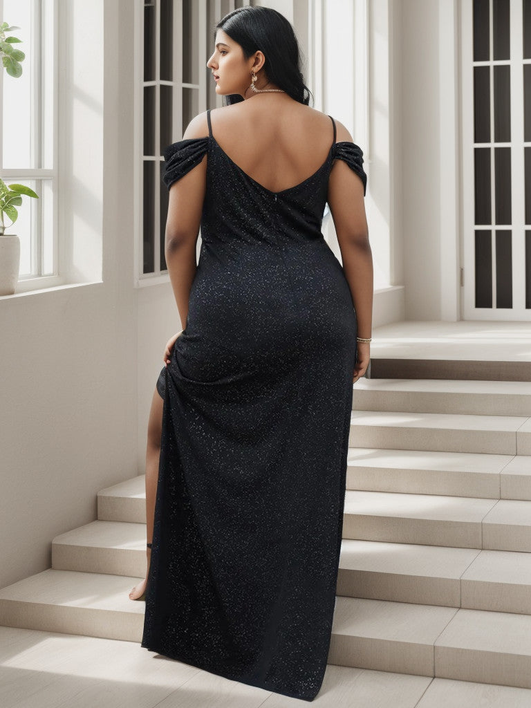 Plus Size V-Neck Cold Shoulder Floor-Length Evening Dress