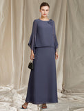 A-Line Mother of the Bride Dress Plus Size Elegant Jewel Neck Ankle Length Chiffon Long Sleeve with Flower