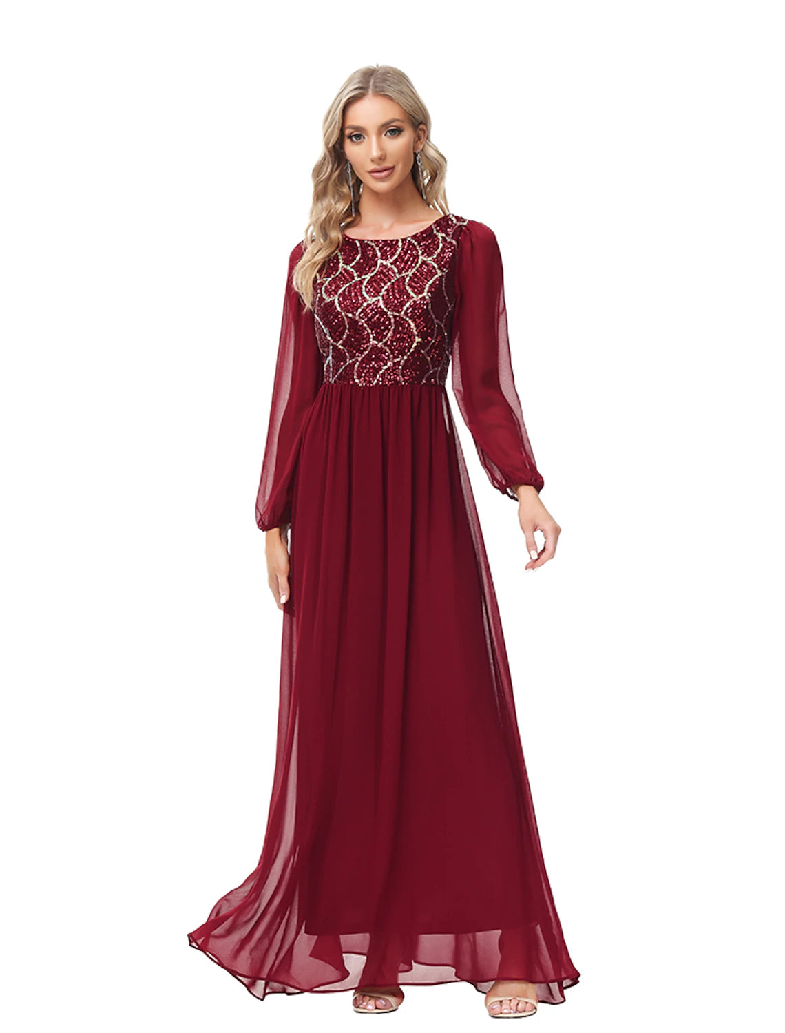 A-Line Evening Gown Empire Dress Party Wear Floor Length Long Sleeve Jewel Neck Chiffon V Back with Sequin Splicing