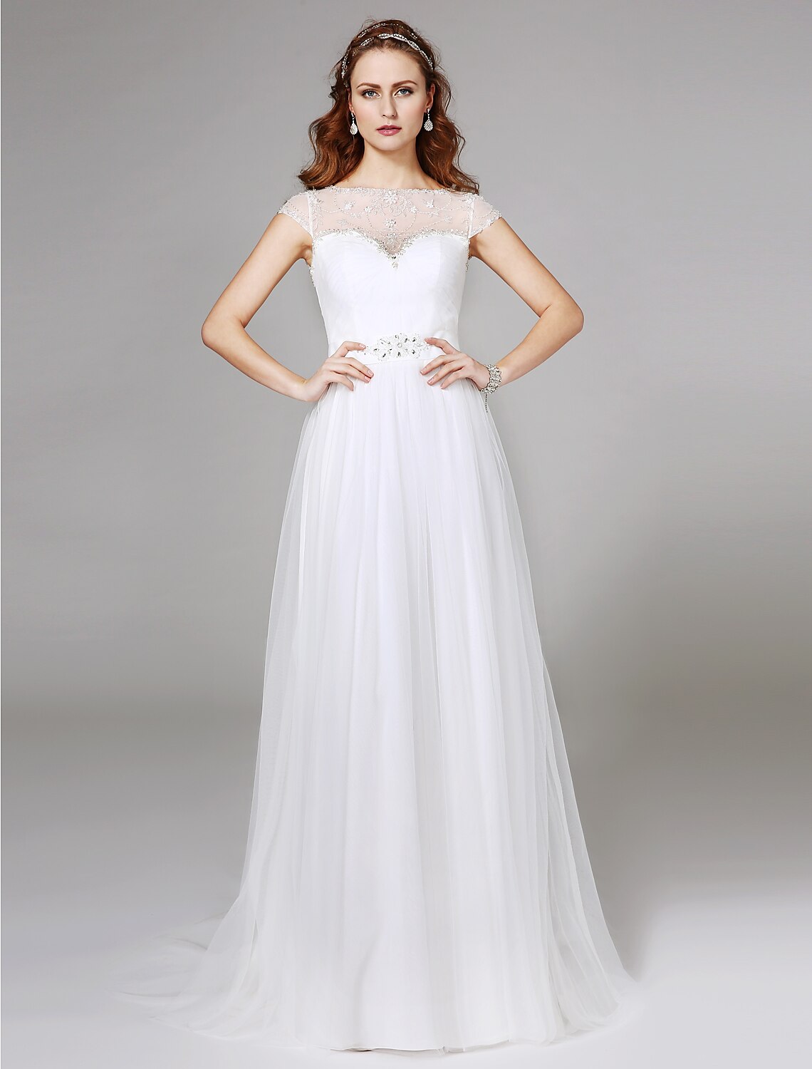 A-Line Illusion Neck Sweep / Brush Train Tulle Made-To-Measure Wedding Dresses with Beading / Lace
