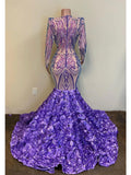 Mermaid / Trumpet Evening Gown Floral Dress Formal Court Train Long Sleeve V Neck African American Sequined with Sequin