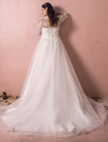 Hall Sparkle & Shine Wedding Dresses A-Line Illusion Neck Long Sleeve Court Train Satin Bridal Gowns With Buttons Ruched