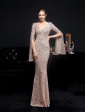 Mermaid / Trumpet Evening Gown Sparkle & Shine Dress Formal Floor Length Long Sleeve V Neck Sequined with Sequin