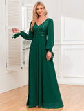 A-Line Evening Gown Empire Dress Evening Party Wedding Reception Floor Length Long Sleeve V Neck Fall Wedding Guest Chiffon V Back with Sequin
