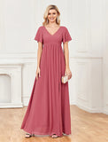 A-Line Evening Gown Empire Dress Party Wear Floor Length Short Sleeve V Neck Chiffon V Back with Slit