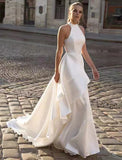 Reception Open Back Casual Wedding Dresses A-Line Halter Sleeveless Court Train Satin Bridal Gowns With Solid Color