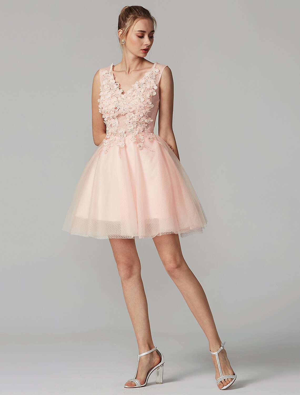 A-Line Party Dress Homecoming Short / Mini Sleeveless V Neck Lace Over Tulle with Crystals Appliques