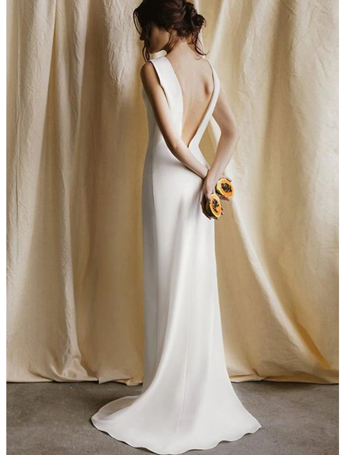 Reception Open Back Casual Wedding Dresses Sheath / Column Scoop Neck Sleeveless Sweep / Brush Train Satin Bridal Gowns With Solid Color