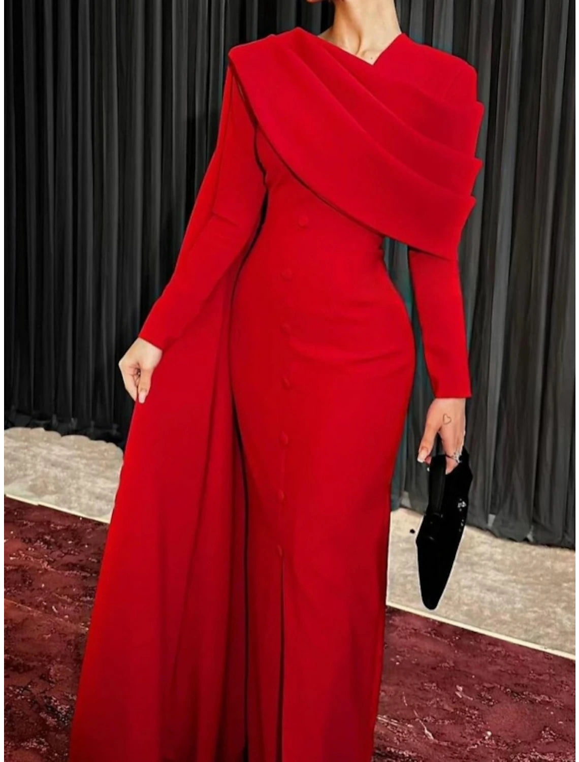 Sheath Red Black Red Green Dress Evening Gown Elegant Cape Dress Formal Fall Sweep / Brush Train Long Sleeve Cowl Neck Stretch Fabric with Buttons Slit